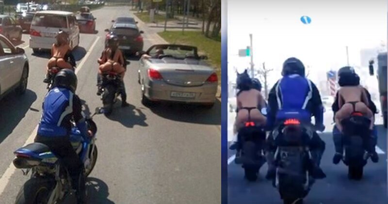 Катается без трусиков на мотоцикле показывает попочку со сладенькой писечкой всем на дороге