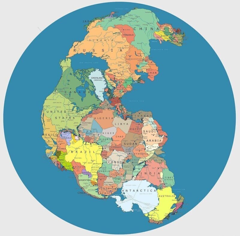 8. Карта древнего сверхконтинента Пангеи, но с современными границами государств