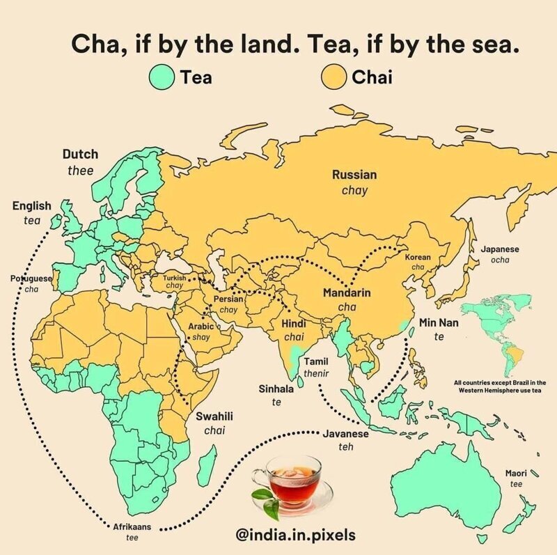 13. "Чай" - если чай доставляли по суше, "Tea" - если по морю