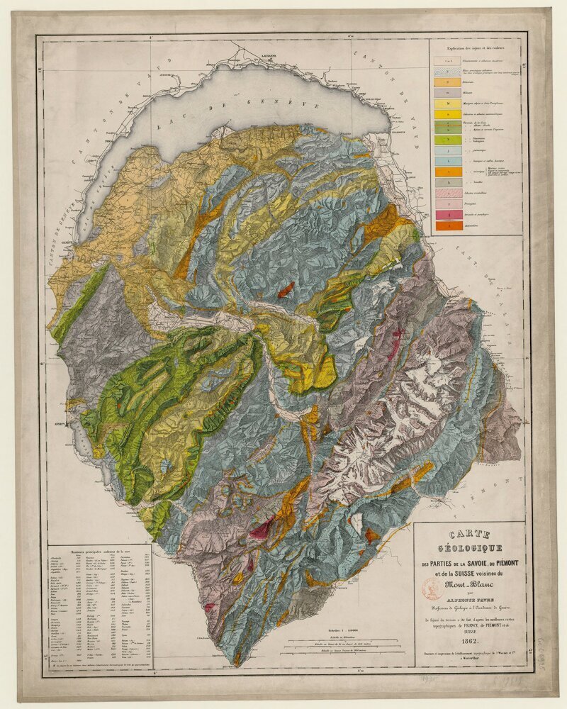 Геологическая карта Савойи, Пьемонта и Сьюзен-де-Мон-Блан, созданная в 1862 г.