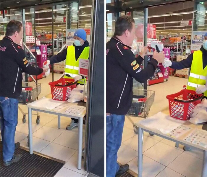 Перед входом в супермаркет в Австрии покупателям дезинфицируют руки и выдают маску