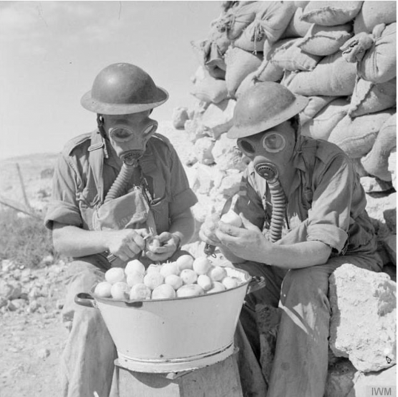 Британские солдаты чистят лук в противогазах. Ливия, Тобрук, 15 октября 1941 года