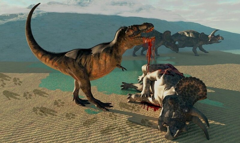 Динозавр бросает свою добычу, чтобы погнаться за человеком