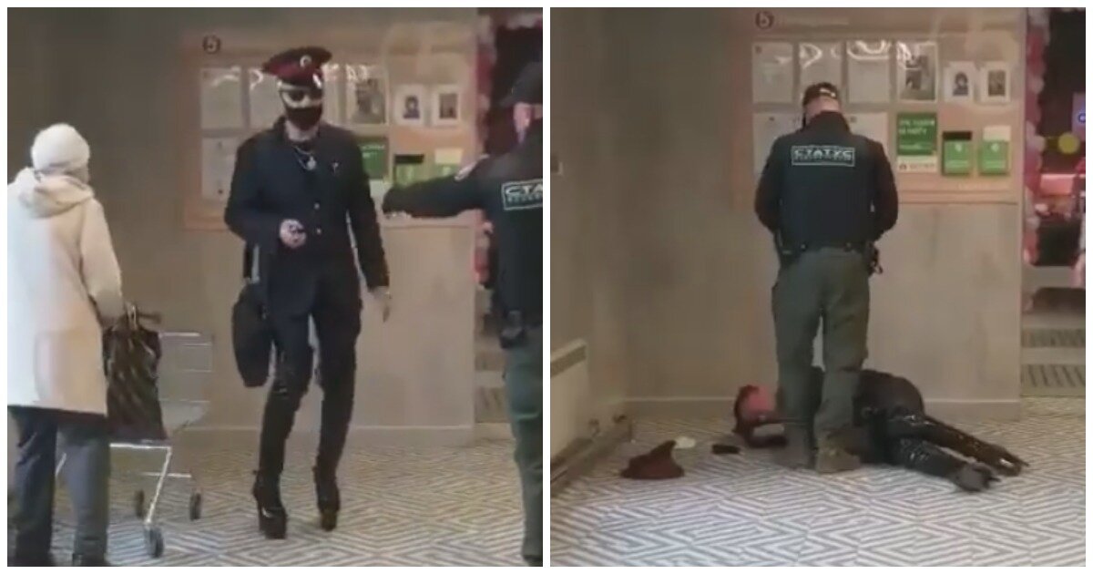 Видео охранник. Парень охранник. Охрана избивает человека. Мужик на каблуках в магазине. Пьяный охранник в магазине.