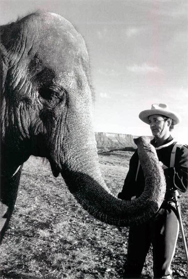 Билл Мюррей со слонихой на съёмках «Больше, чем жизнь», 1996 год