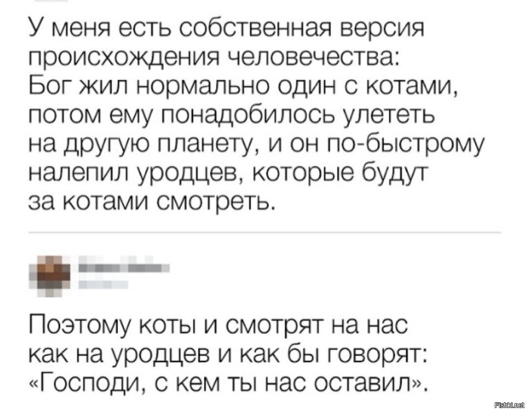 Есть версия. Бог жил нормально с котами. Версия происхождения человечества Бог жил один с котами. У меня есть Собственная версия происхождения человечества. Бог создал людей чтобы они приглядывали за котиками.