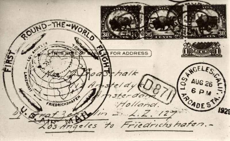 Письмо, отправленное с борта «Граф Цеппелин». Письмо адресовано г-же Голдшалк, Амстелдиджик 112, Амстердам, Голландия. Отправлено с LZ127 «Граф Цеппелин», летевшего по маршруту Лос-Анджелес - Фридрихсхафен", 1929