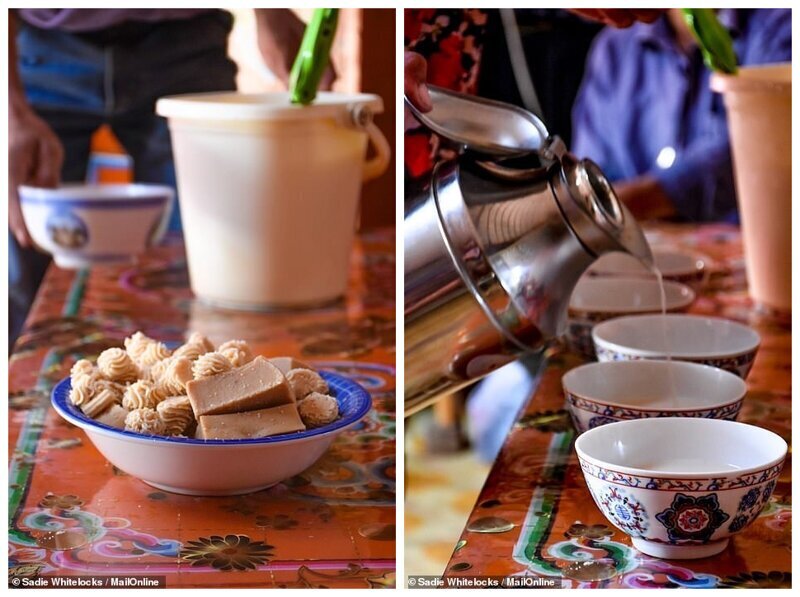 Угощение: курут (курт), сухой кисломолочный продукт, и традиционный соленый чай "сутэй цай"