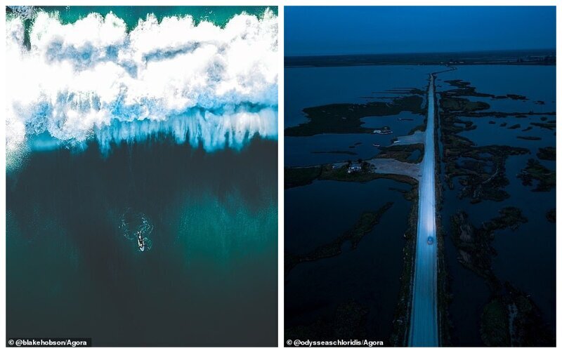 Слева - серфер на волнах, Перт, Австралия. Фотограф - Блейк Хобсон, Канада. Справа - одинокий автомобиль, Салоники, Греция. Фотограф -  Одиссей Хлоридирис