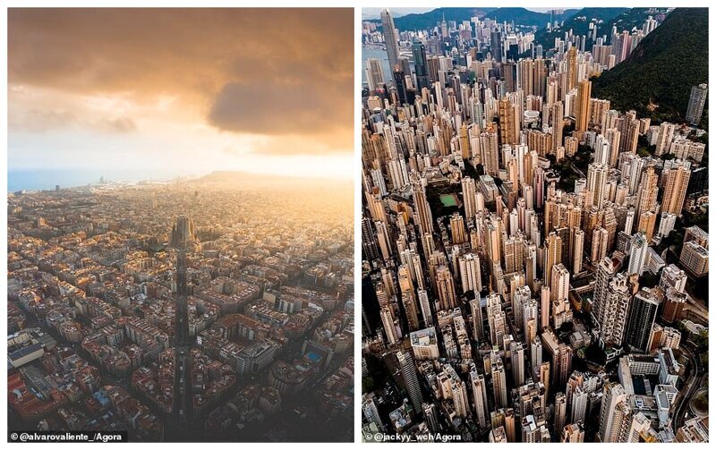 Слева - Барселона на закате. Фотограф - Альваро Вальенте. Справа - Центральный и Западный округ Гонконга. Фотограф - Джеки Ву