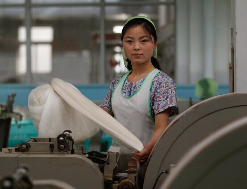Женщина работает на шёлковом комбинате в Пхеньяне.