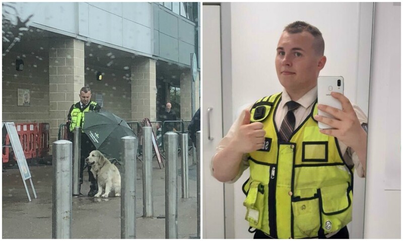 Охранник растрогал соцсети, укрыв чужую собаку зонтом 