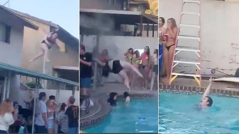 Девушка не рассчитала своих сил во время прыжка с крыши в бассейн