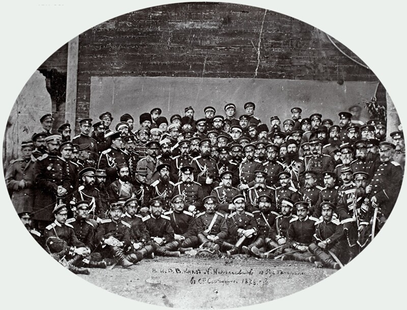 Великий князь Николай Николаевич и генерал Гурко со штабом армии и иностранными военными наблюдателями, Сан-Стефано 19 февраля 1878