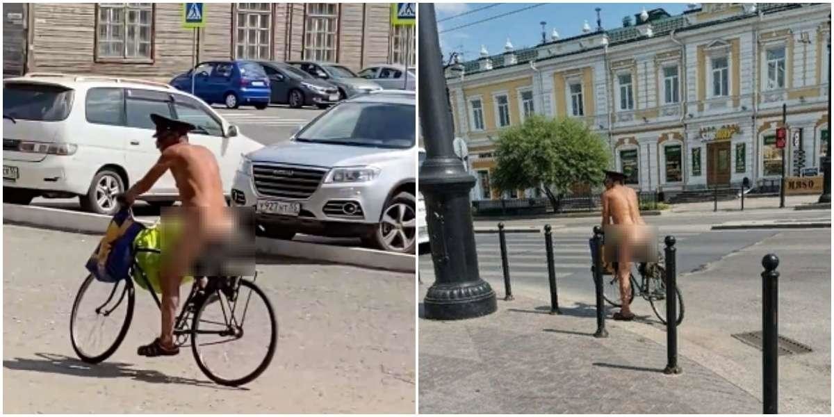 Печкин уже не тот: по Омску проехался голый велосипедист в полицейской фуражке