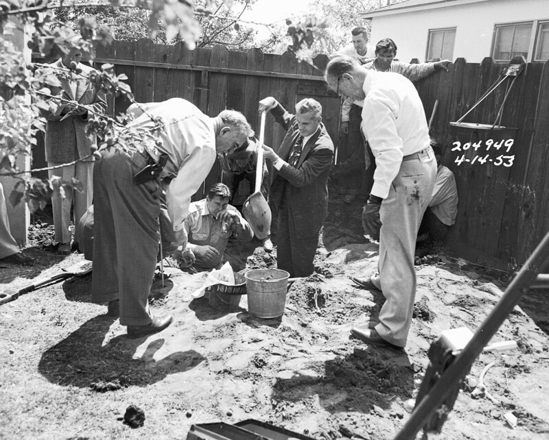 Полицейские извлекают закопанные в заелю части тела, 14 апреля 1953