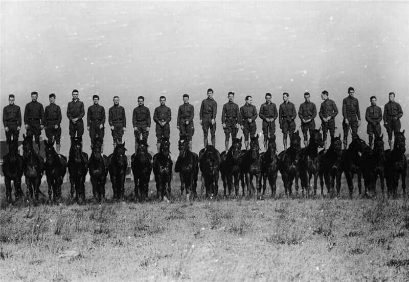 Британские кавалеристы стоящие на своих лошадях, 1919 год