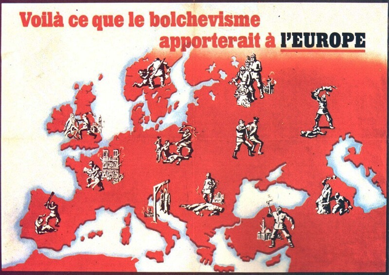  Французы не были исключением. Это обложка книги, напечатанной в 1935 году, которая представляет, что будет означать правило большевизма для Европы, за пять лет до нацистской оккупации Франции в 1940 году.