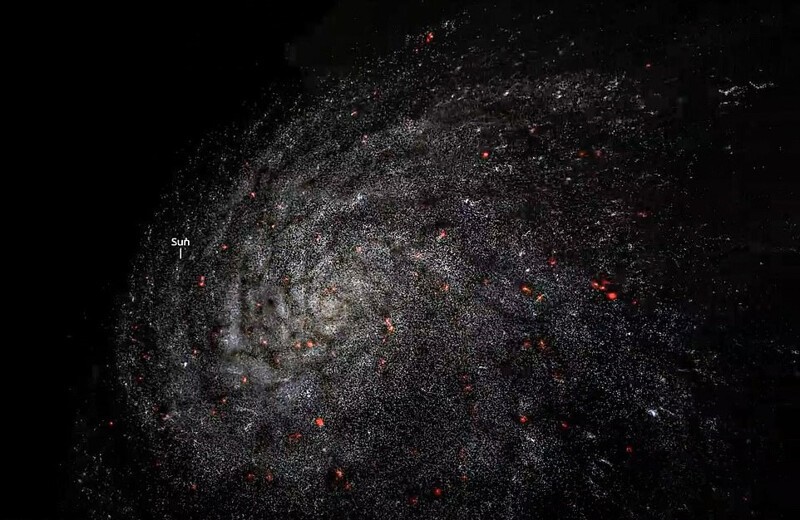 Кадр из анимации, показывающий местоположение Солнца и нашей Солнечной системы в Млечном Пути. Присутствие Млечного Пути сделало некоторые части Вселенной ненаблюдаемыми и оставило черные полосы.