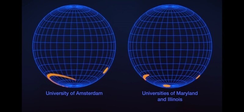 Карты "горячих точек" пульсара J0030+0451. Слева: ученых Университета Амстердама; Справа: ученых Университета Мэриленда. 