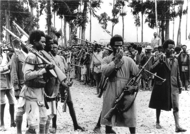 Император Хайле Селассие снова вернулся в свою столицу Аддис-Абебу в мае 1941.Эти мужчины, вооруженные до зубов захваченных итальянских оружием собрались, чтобы услышать официальное заявление об его возвращении