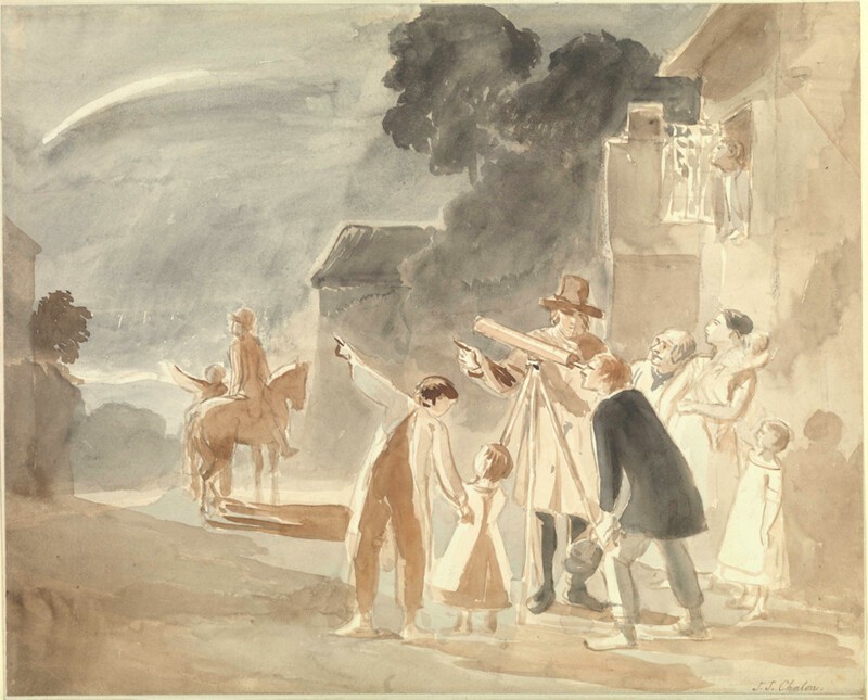 Акварель 1835 года, на которой изображены люди, наблюдающие в подзорную трубу прохождение кометы Галлея