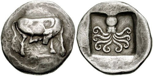 19. 2500-летняя греческая серебряная монета Дидрахма из Эретрии с коровой и осьминогом