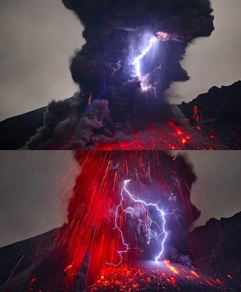 Разряды молний внутри выбросов из вулкана