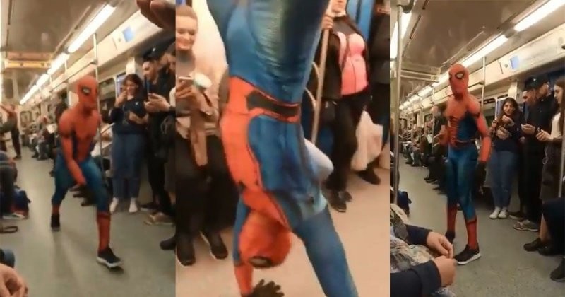 Человек-паук развлекает пассажиров в московском метро