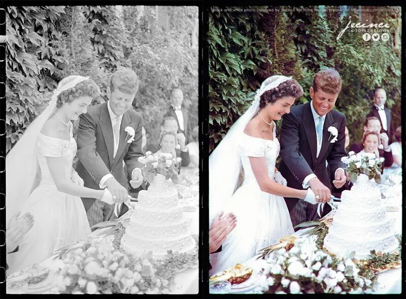 Джеки Бувье Кеннеди и Джон Ф. Кеннеди разрезают свадебный торт, 12 сентября 1953 года, Ньюпорт, штат Род-Айленд.