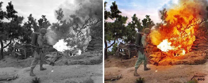 Марин Дуэйн Л. Бойс (Канзас-Сити), 3-й батальон 5-й морской пехоты США, сжигает боеприпасы. Война в Северной Корее, остров остров Вольмидо, недалеко от города Инчхон, 15 сентября 1950 г.
