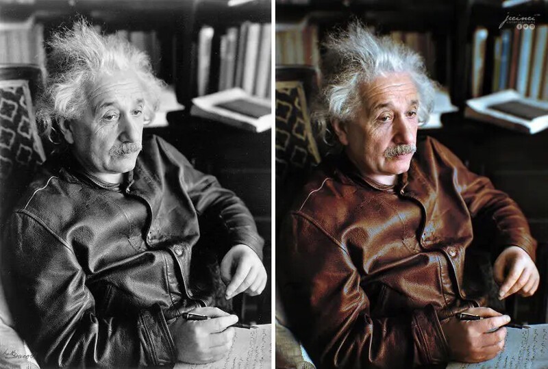 Альберт Эйнштейн, одетый в кожаную куртку Levi Strauss & Co., 1938 год.