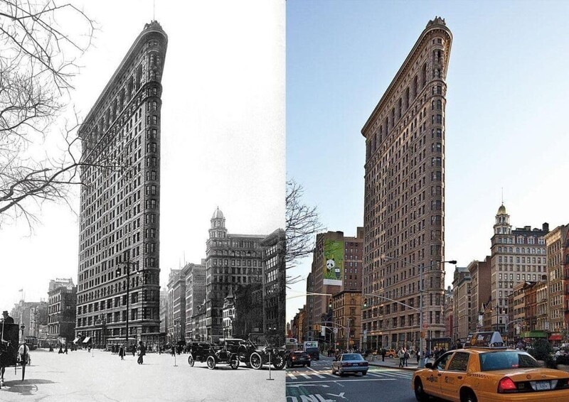 10. Как изменился Нью-Йорк рядом со знаменитым Флэтайрон-билдинг: 1917 и 2012 годы