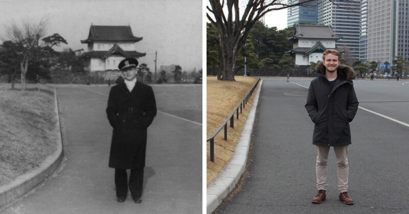 6. Дед и внук стоят на одном и том же месте на фоне меняющегося Токио: разница в 73 года