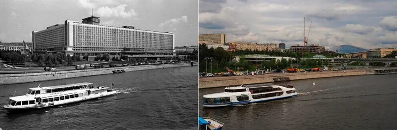 Гостиница Россия, 1970-е/Парк Зарядье, 2020 год. Вид на Москву-реку, гостиницу и кинокоцертный зал «Россия» (1970-е). 