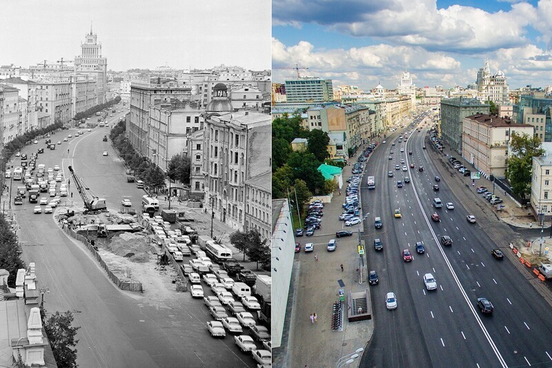 Строительство подземного перехода на Садовой-Кудринской улице, 1963 год. Вид на Садовую-Кудринскую улицу, 2015 год