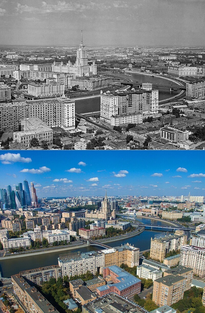 Вид на гостиницу «Украина», Москву-реку и Новоарбатский мост, 1960/2015 год