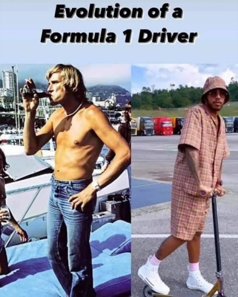 "Эволюция пилотов Формулы-1: от сурового гонщика, бухающего между заездами, до красавчика, выпивающего на завтрак стаканчик обезжиренного молока."