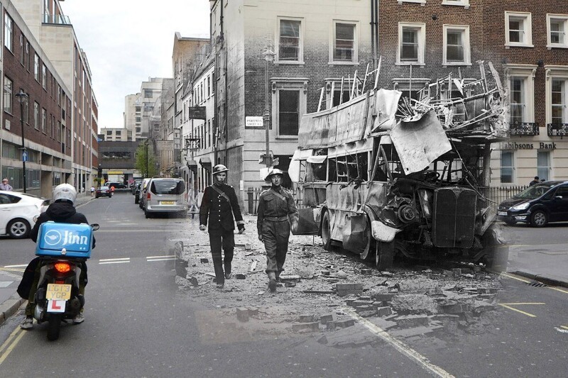 Последствия немецкого воздушного налета на Портман-стрит в Лондон, 19 сентября 1940 и то же место 21 апреля 2016.