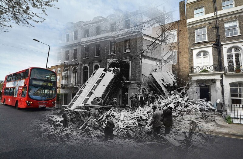 Автобус после бомбежки Лондона 9 сентября 1940 и современный автобус в 2016 году. 