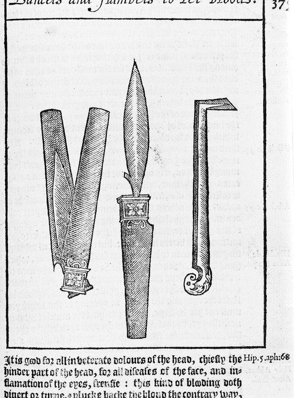 Инструменты для кровопускания. Иллюстрация из книги Питера Лоу «A Discourse of the Whole Art of Chyrurgerie». 1612 год
