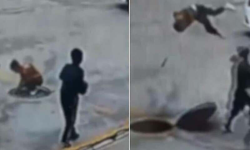В Китае школьник бросил петарду в люк и взлетел