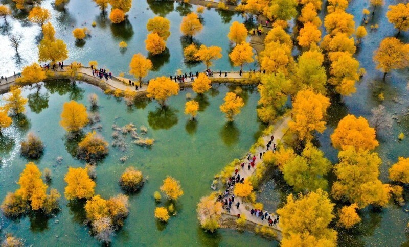 Туристы в городе Цзюцюань, Китай, 7 октября 2020 . (Фото Barcroft Media):