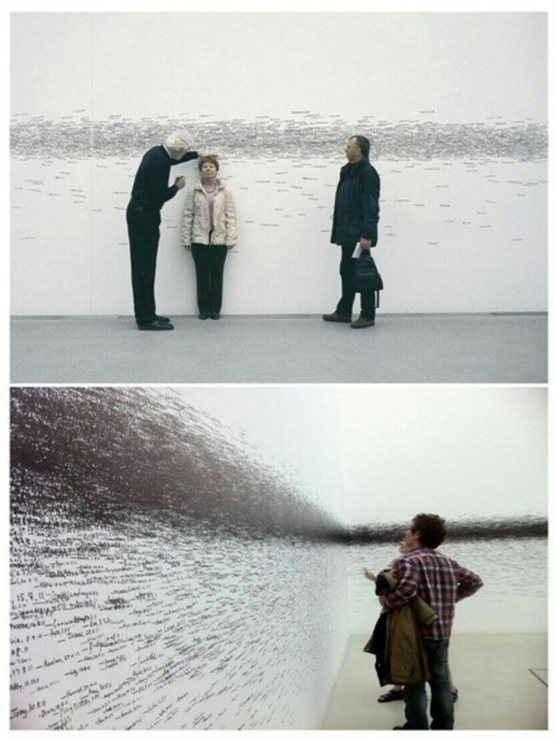 В музее современного искусства в Нью-Йорке люди отмечают свой рост на белой стене, что дало очень наглядное представление о среднем росте общества.