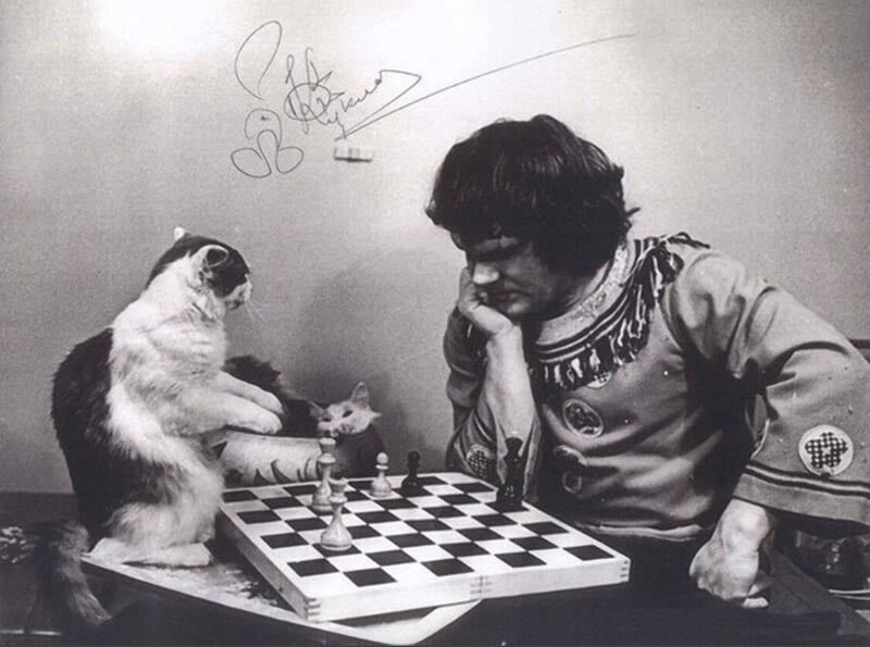 Юрий Куклачёв играет в шахматы с котом. 1980-е.