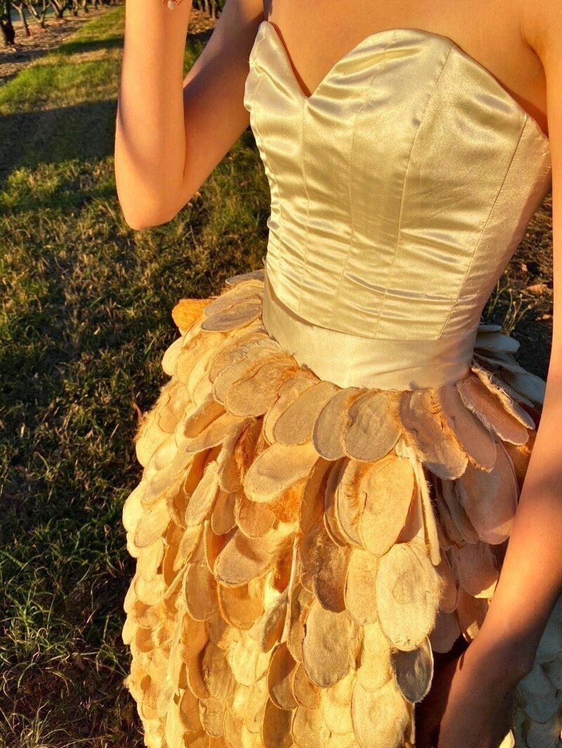 Девушка сшила вечернее платье из шелухи манго