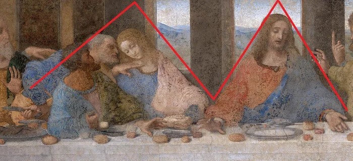 Буква «М» на картине, которая якобы составляется вдоль фигур Иисуса и апостолов слева: