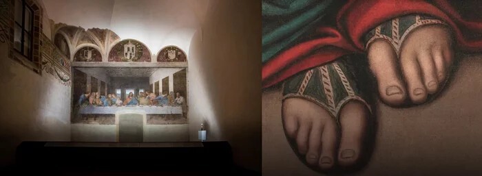 Справа фотография росписи, как она выглядит сейчас. Как видите, не очень мудрые монахи проделали дверь и лишили Иисуса ног. Если вы затосковали по ногам Иисуса, справа их изображение на точной копии Джампетрино: