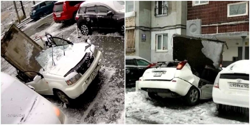 Во Владивостоке бетонная плита упала на машину из-за ледяного дождя