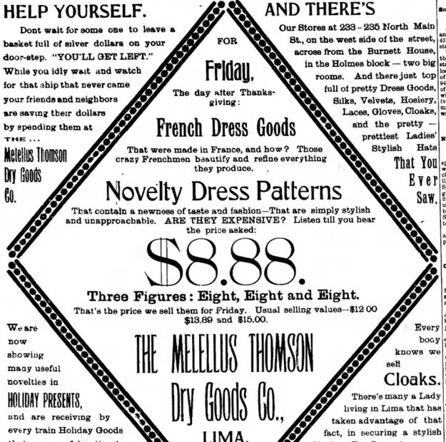 Это реклама из газеты за 1894 год, издававшейся в Лиме, штат Огайо.